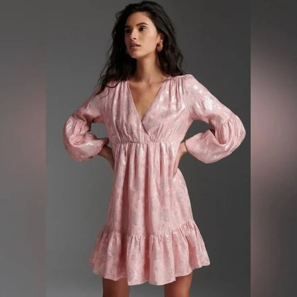 Anthropologie Womens Jolene Pink Silver Jacquard Shimmer Mini Dress XS